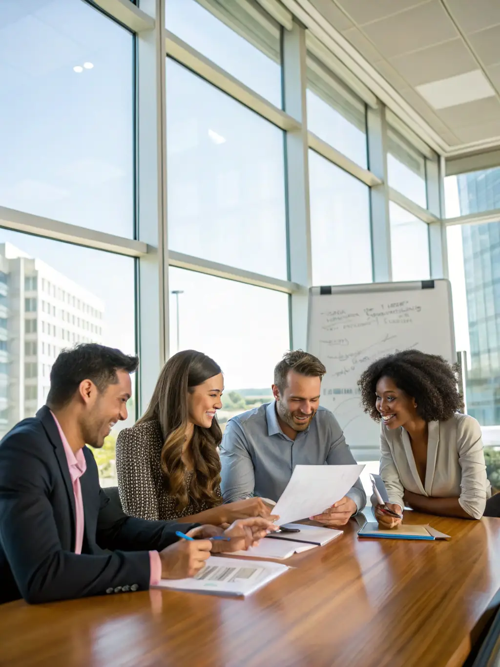 A photograph of a diverse group of business professionals collaborating enthusiastically around a table, symbolizing teamwork and shared success facilitated by Ownershiply.uno's coaching.