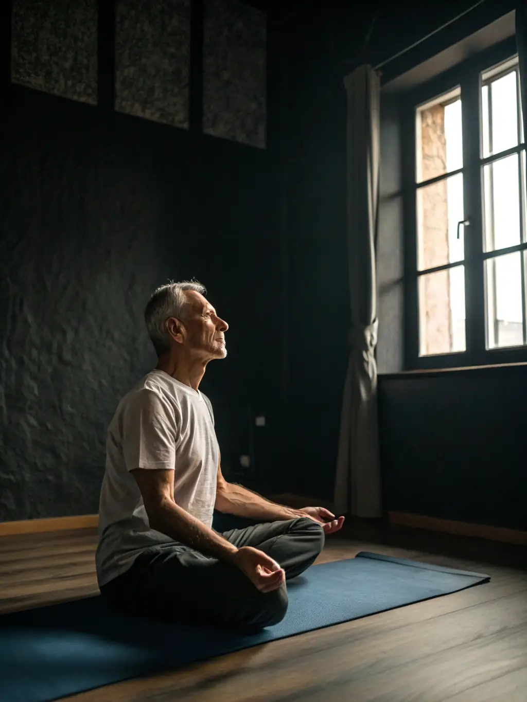 A determined leader meditating in a quiet, sunlit room, embodying mindset and leadership development.