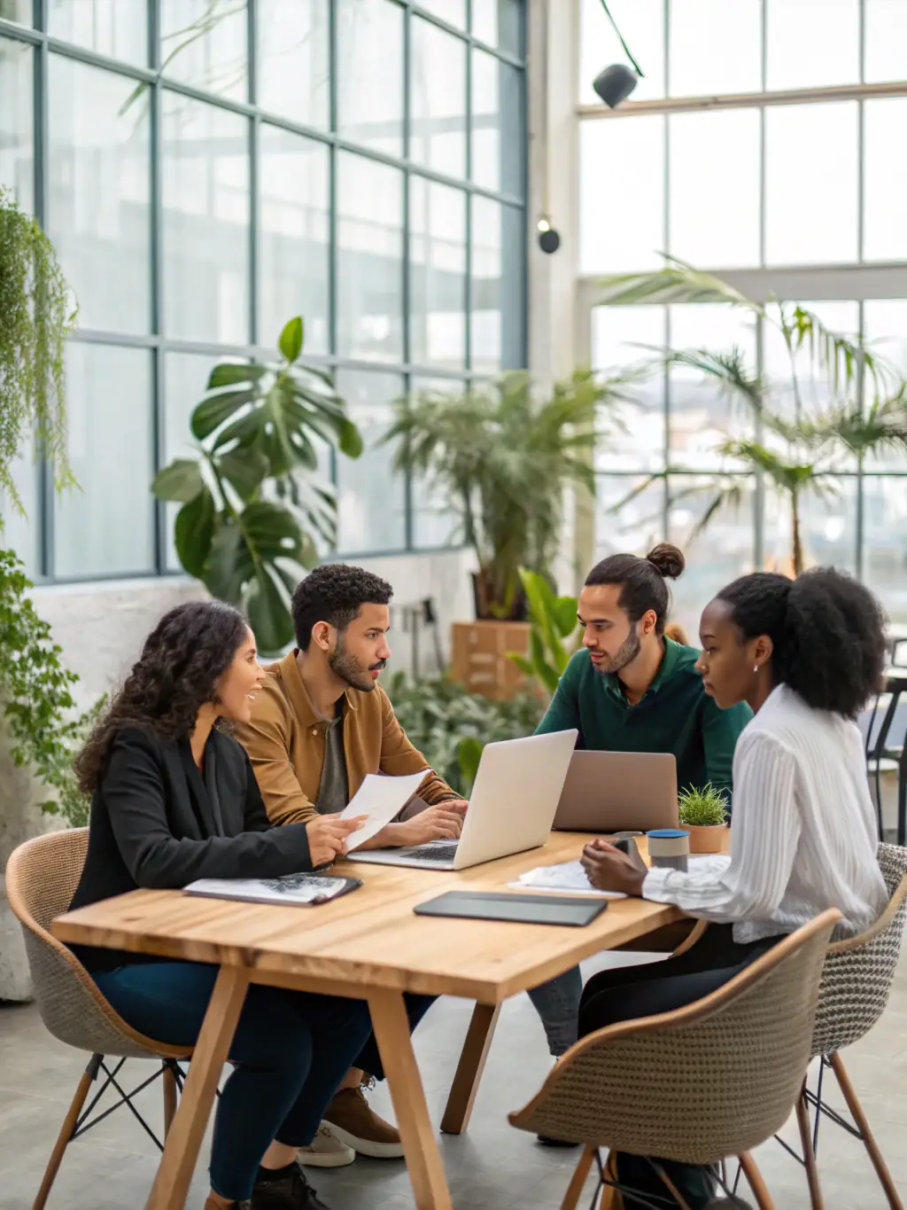 A diverse group of entrepreneurs collaborating on a project in a vibrant, modern office, symbolizing collaborative business success.